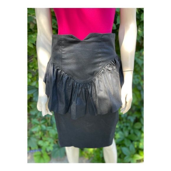 Vintage 80s Black Peplum Pencil Skirt 100% Cotton Sz 9 - Picture 3 of 12